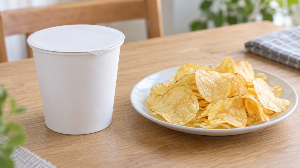 無地のカップ容器と白い皿に盛ったポテトチップスを並べたテーブル