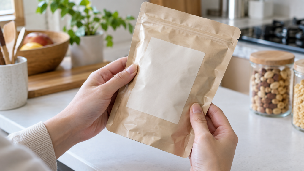 無地の食品袋を手に取り裏面の表示位置を確かめる手元