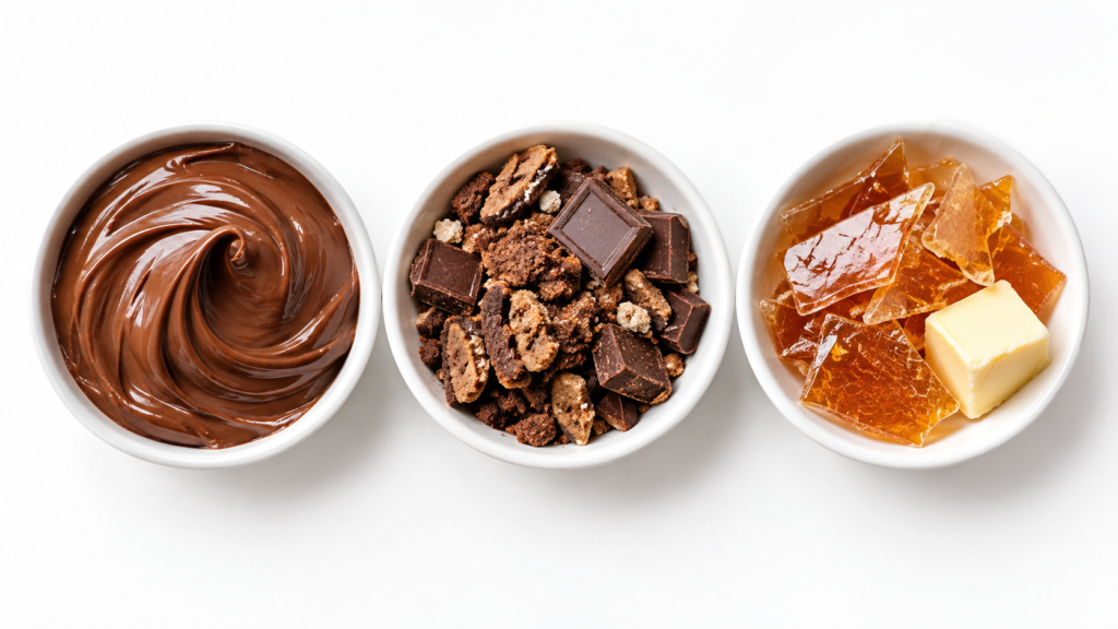 クリーム、ビスケットとチョコ片、アメの3つの食感を比べる素材イメージ