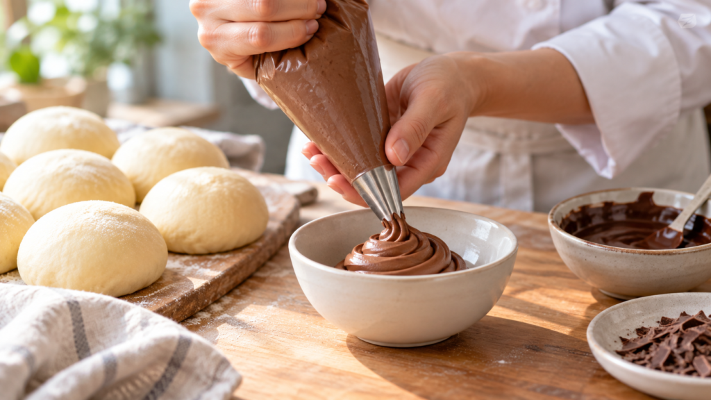 絞り袋からチョコクリームを出す一般的な製パン工程のイメージ