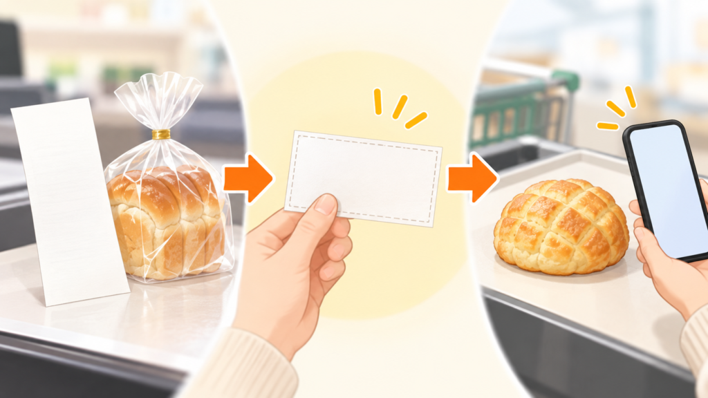 最初の買い物でもらった券を次回の1品に使う流れのイメージ