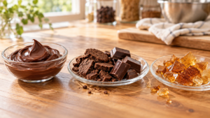チョコクリームやチョコ片、アメを並べて食感の違いを表したイメージ