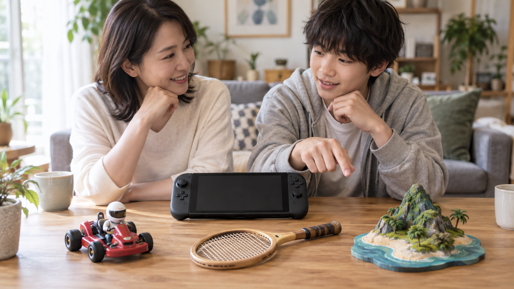 家族がロゴのない携帯ゲーム機を前に3種類の遊びを相談するリビング