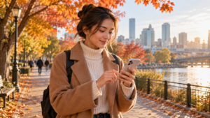 秋の公園でスマートフォンを見る人のイメージ