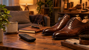 革靴とテレビのリモコンが置かれた部屋のイメージ