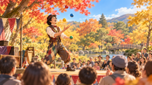 公園でジャグリングを楽しむ観客のイメージイラスト