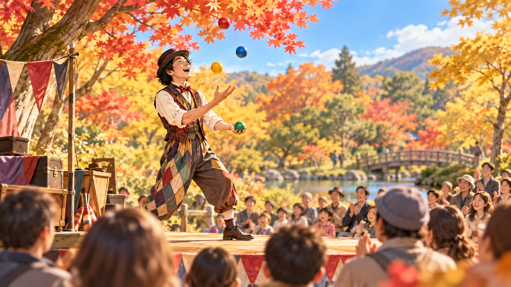 公園でジャグリングを楽しむ観客のイメージイラスト