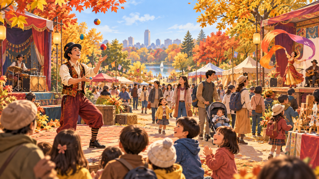 公園の街頭パフォーマンスと観客のイメージイラスト