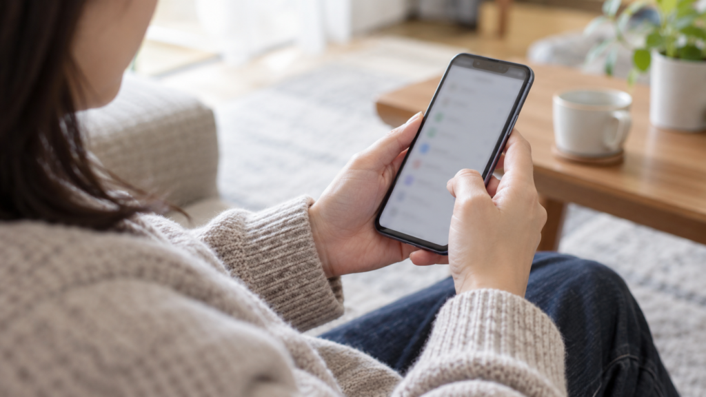 自宅でスマートフォンの設定を確認する手元の利用場面のイメージ