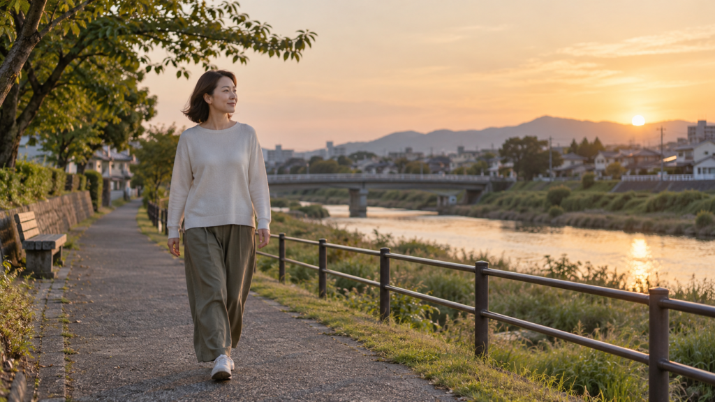 夕方の散歩道を歩き日々の歩数を記録する利用場面のイメージ