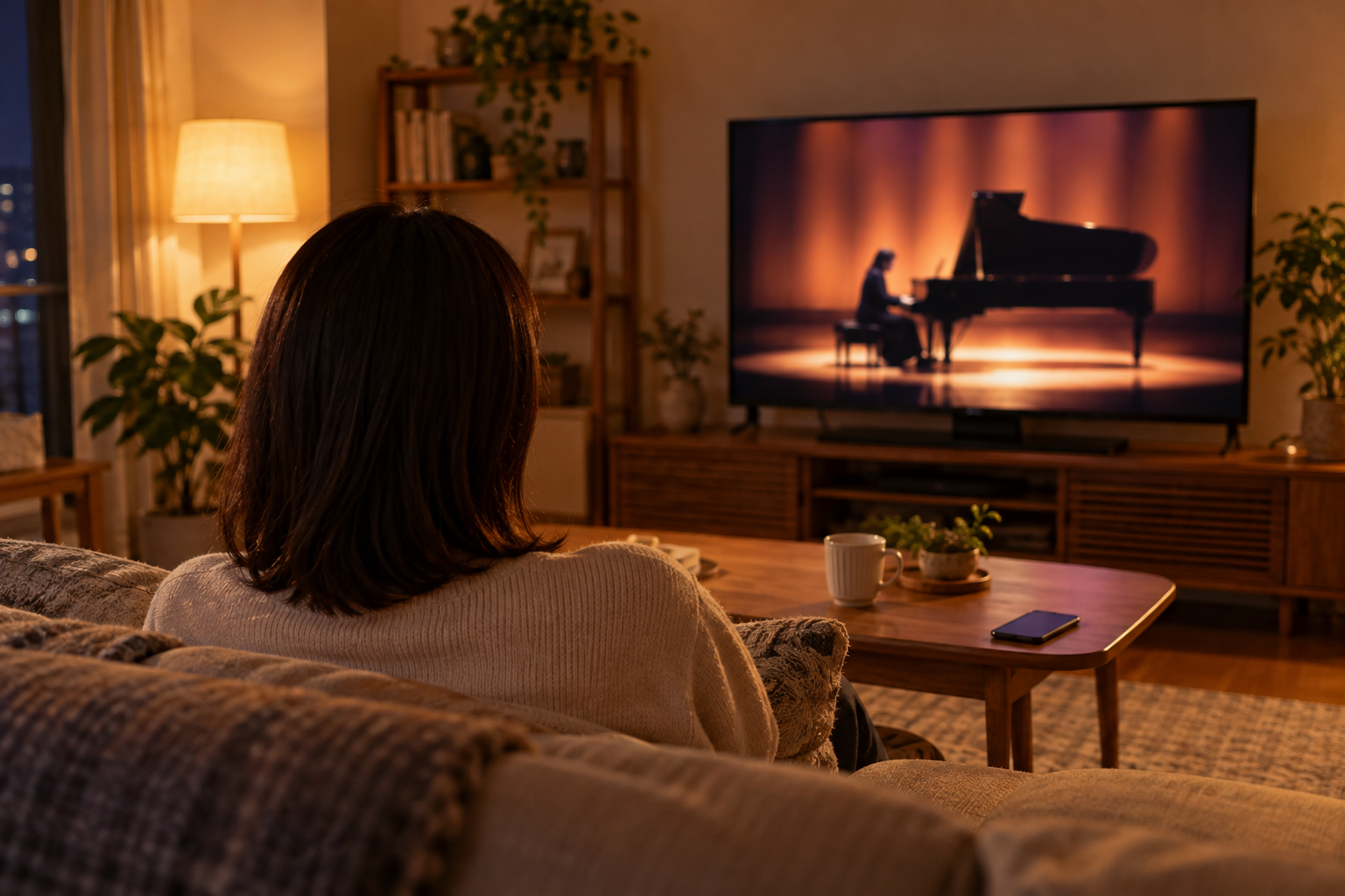 自宅のテレビでピアノ演奏を視聴する場面の生成画像