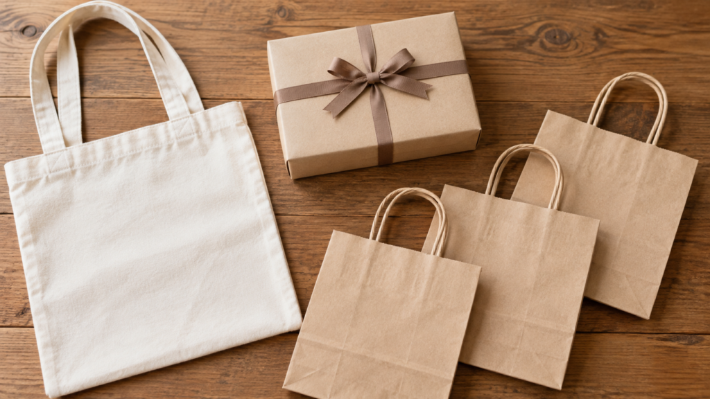 無地のバッグと包装用品で贈り物の準備をするイメージ