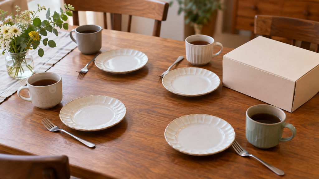 食卓の小皿とカップで一緒に食べる人数を考えるイメージ