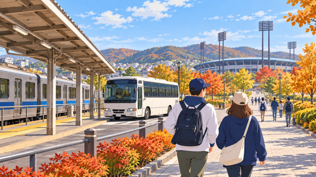 電車とシャトルバスで球場へ向かう人たちのイメージ