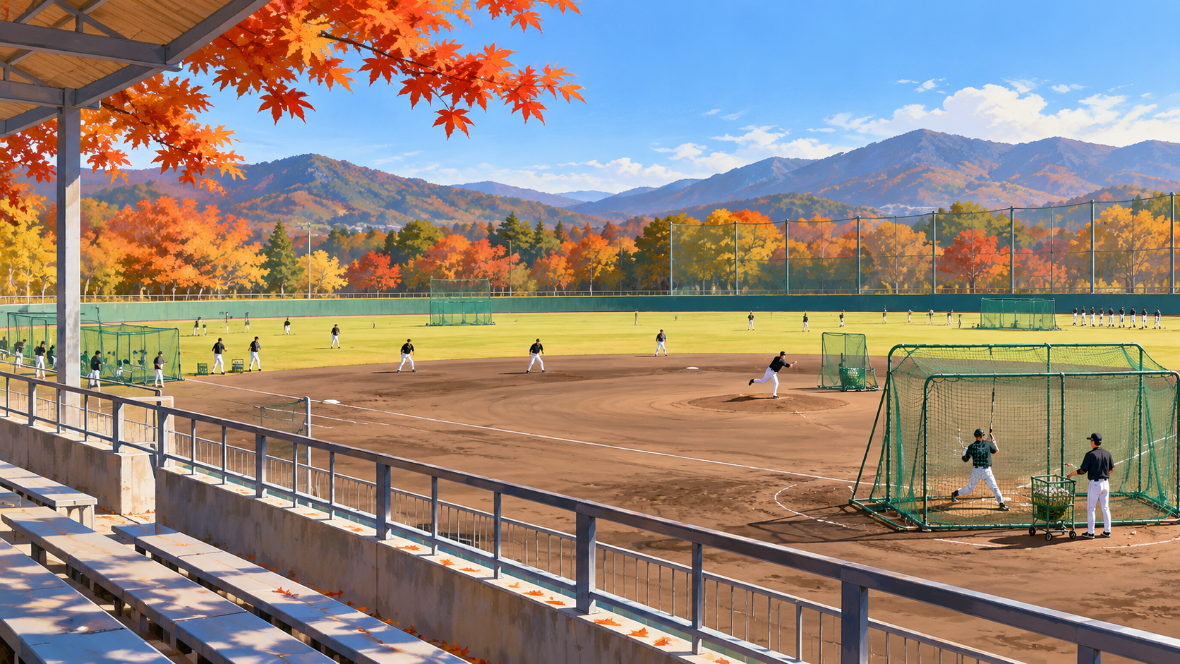 秋の野球練習場を客席から見たイメージ