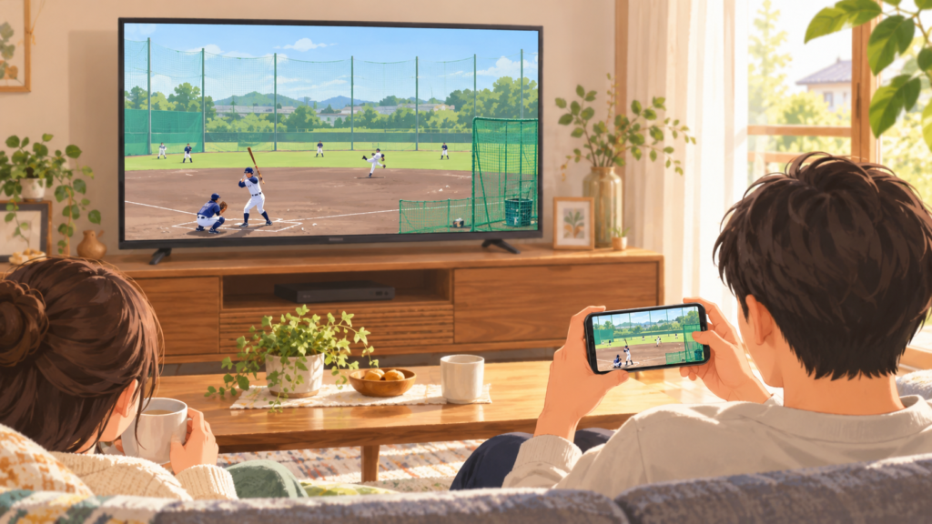 自宅のテレビとスマートフォンで野球を見るイメージ