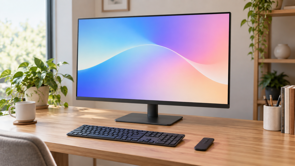 汎用の27型モニターを置いた明るいデスクのイメージ