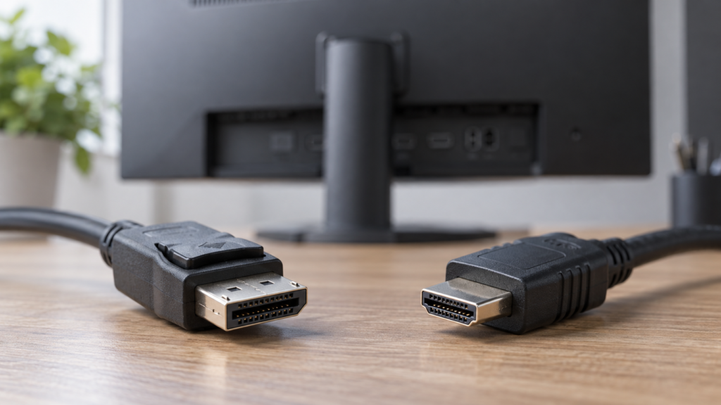 DisplayPortとHDMIのケーブルを机上で確認するイメージ