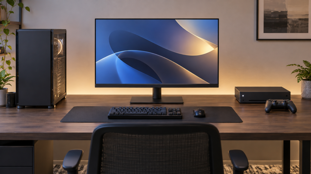 PCと家庭用ゲーム機を汎用モニターで使う机のイメージ