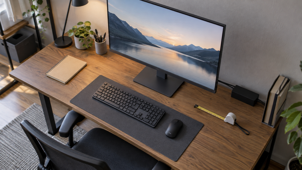 モニタースタンドとキーボードの置き場所を確認する机のイメージ