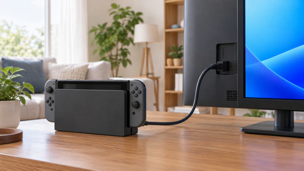 ドックからHDMIでモニターへ接続する汎用ゲーム機の説明用イメージ