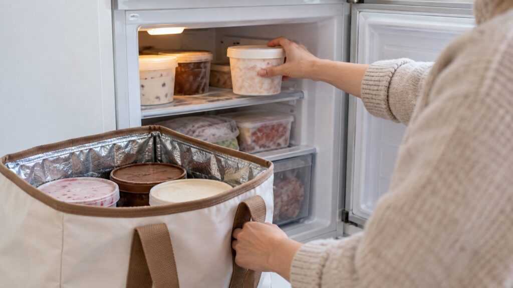 保冷バッグと冷凍庫で冷凍品の受取を表したイメージ