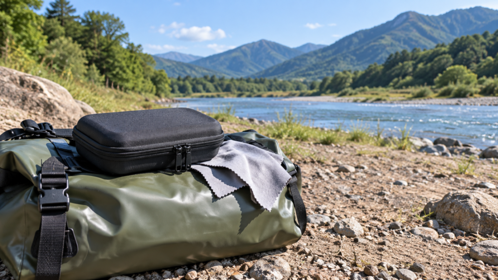 水辺で撮影機材を水から離して準備するイメージ