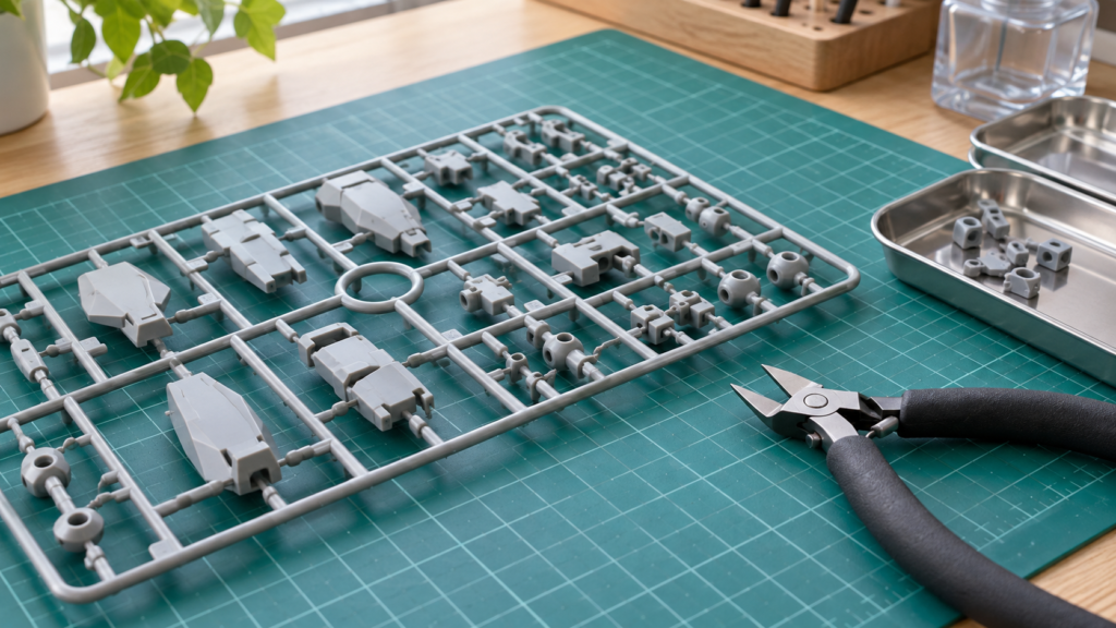 ニッパーと作業マットを整えた小型模型の組立準備