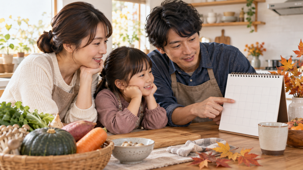 家族でカレンダーを見て食事の日を相談するイメージ