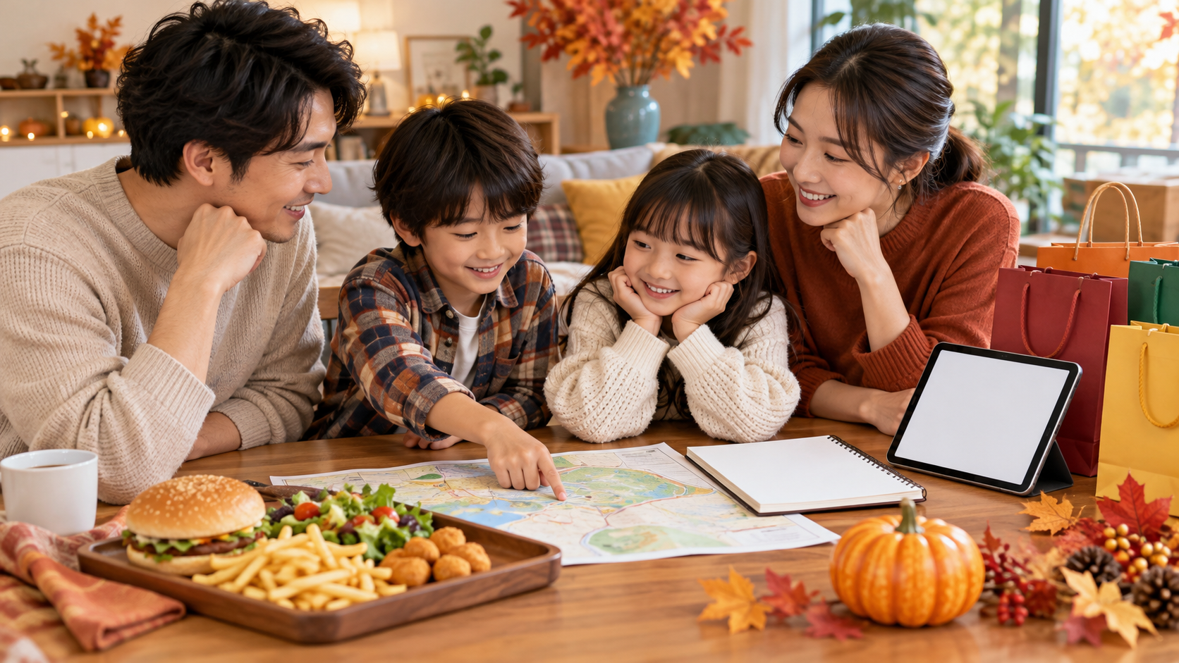 秋の食事を相談する親子と無地のギフト袋のイメージ