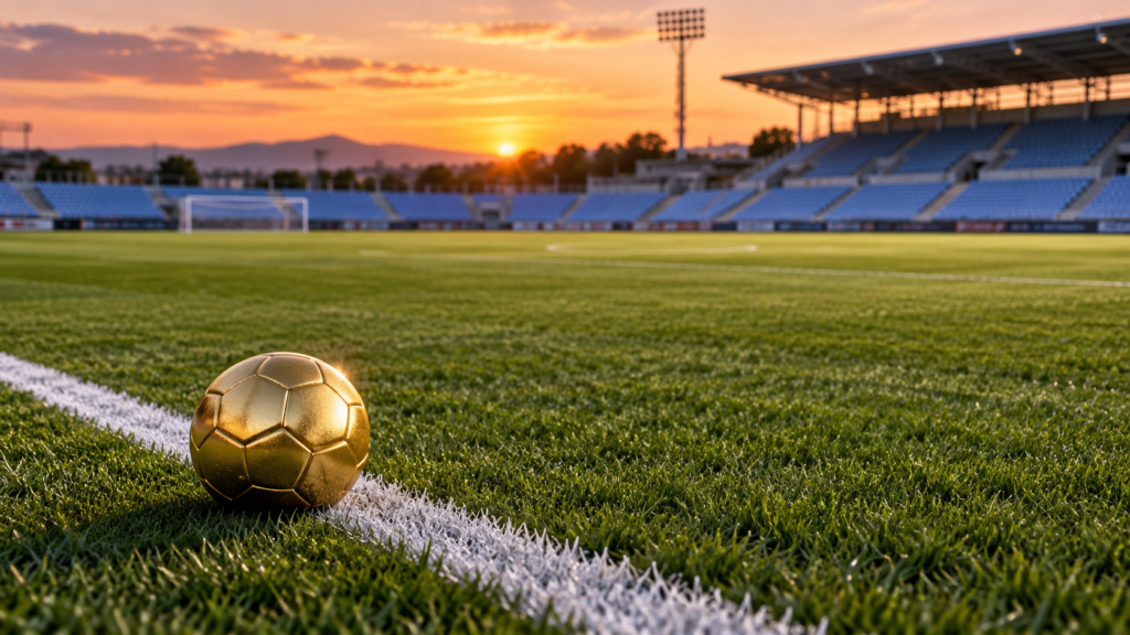 サッカー場の白線のそばに置いた金色のボールのイメージ