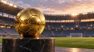 スタジアムを背景に台へ置いた金色のサッカーボールのイメージ