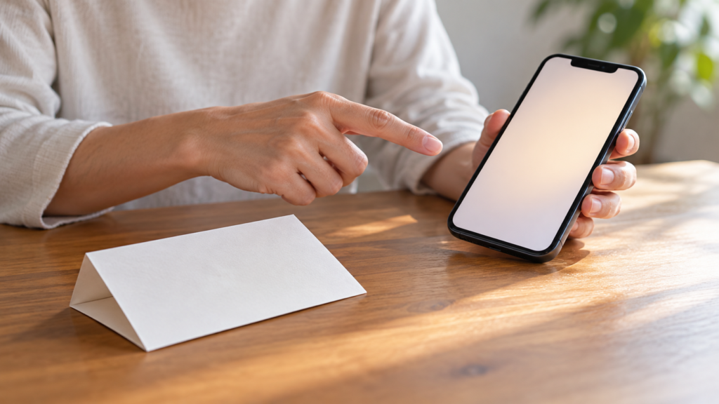 紙とスマートフォンを使い鑑賞計画を考える手元