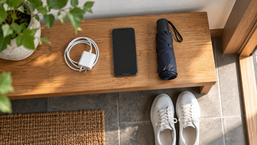 スマートフォンと充電器と雨具を揃えた出発準備