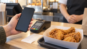 チキンとスマートフォンを並べたポイント利用のイメージ