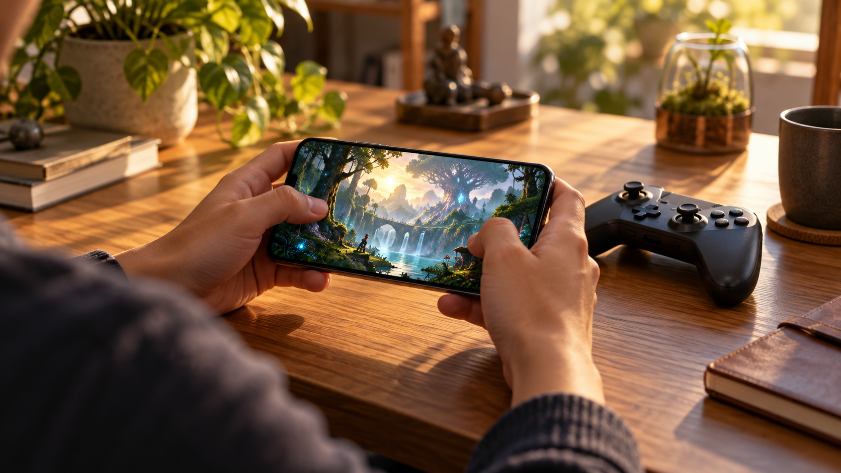 スマートフォンでファンタジーゲームを遊ぶイメージ