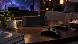 携帯ゲーム機と2つのコントローラーを置いた購入準備のイメージ
