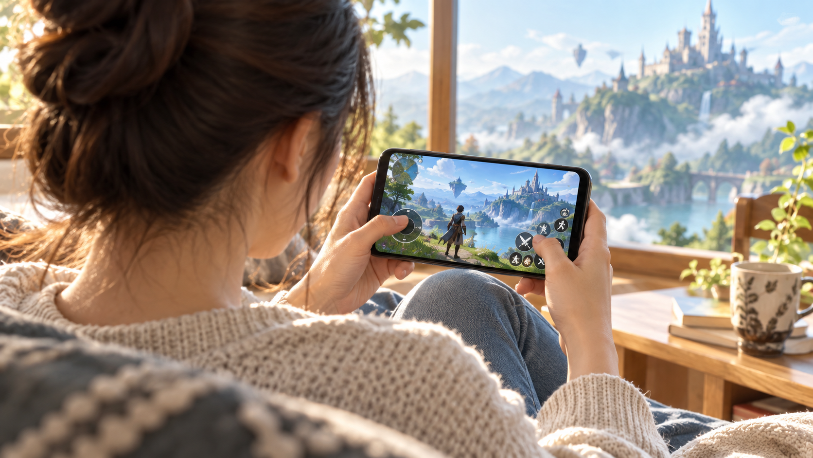 スマートフォンでファンタジーゲームを遊ぶ様子のイメージ画像