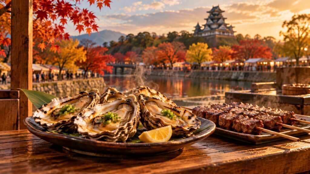広島の秋の食イベントをイメージした牡蠣と牛串、城の風景のAI生成画像