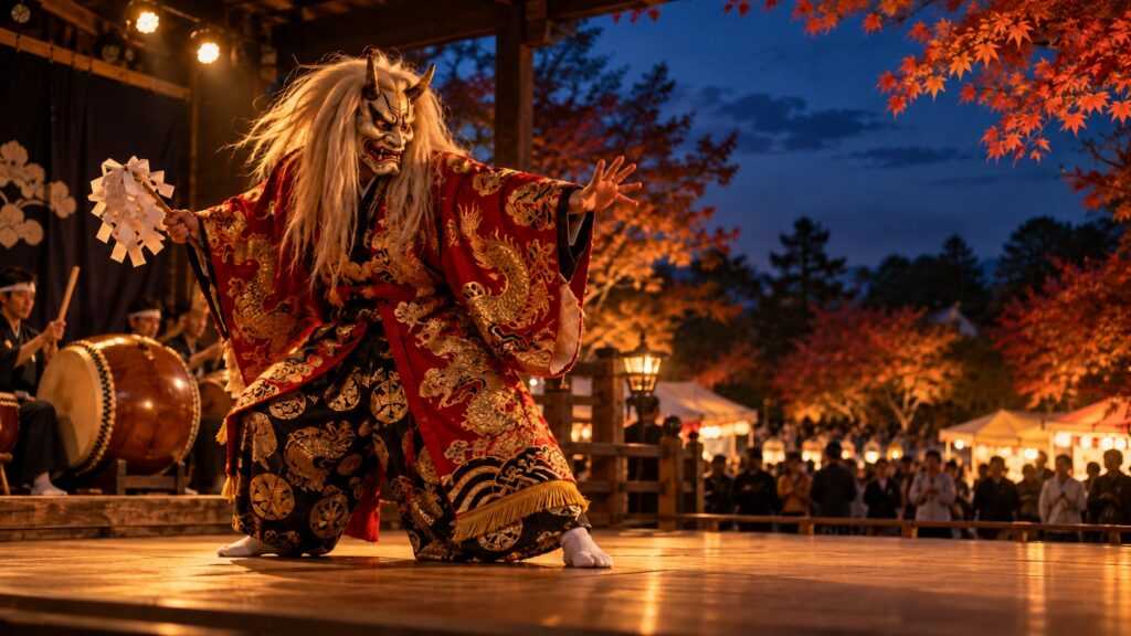 夜の野外ステージで神楽を観る場面をイメージしたAI生成画像