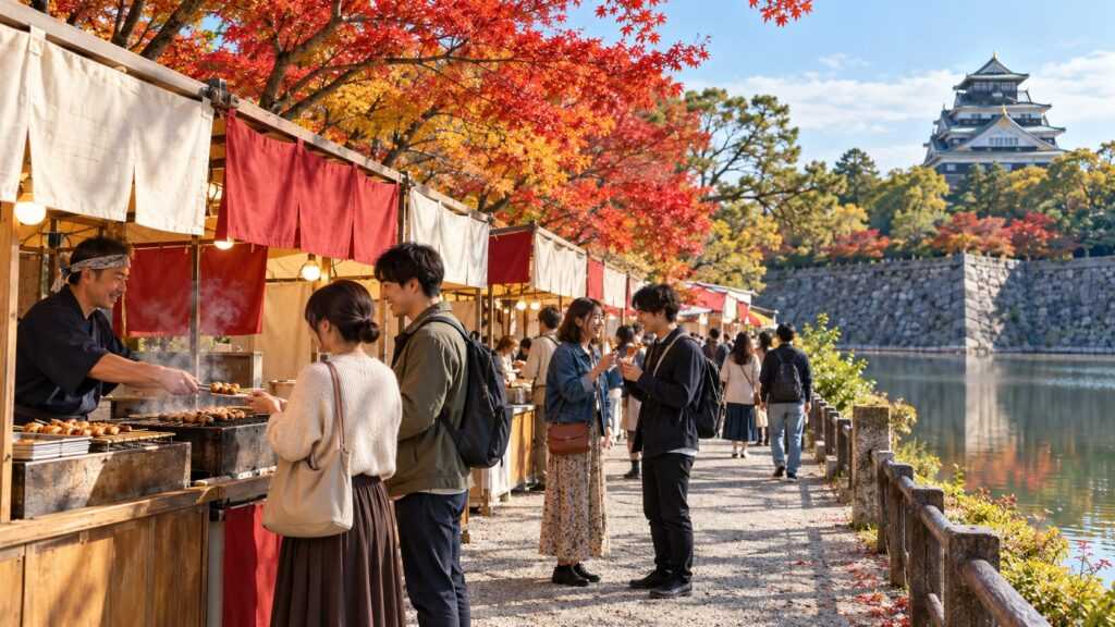 城と堀のそばに並ぶ昼の飲食ブースをイメージしたAI生成画像