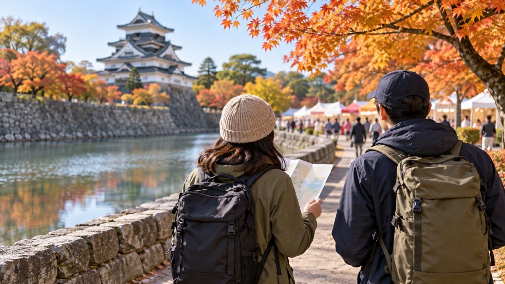 城の堀のそばで行き先を考える来場者をイメージしたAI生成画像