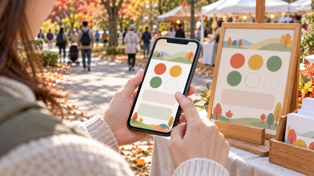 スマートフォンでデジタルスタンプを集める場面をイメージしたAI生成画像