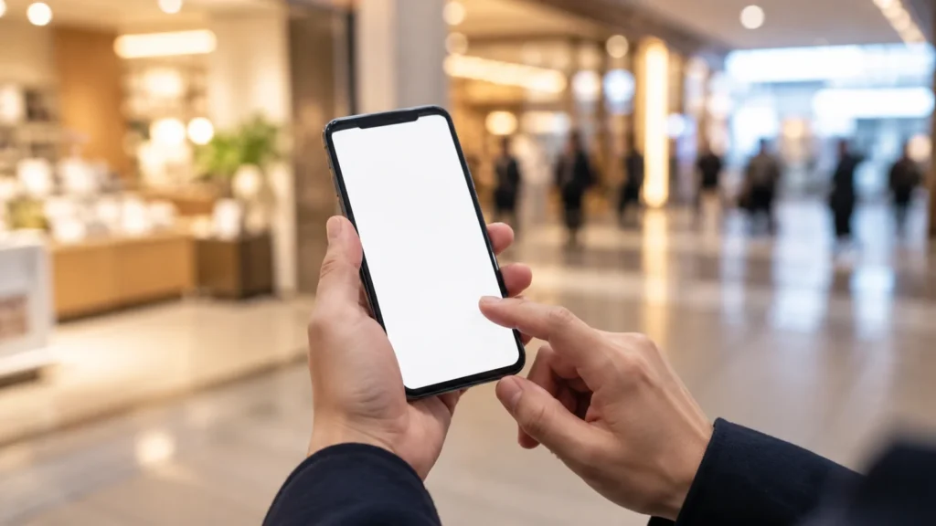 来店前にスマートフォンで案内を確認するイメージ
