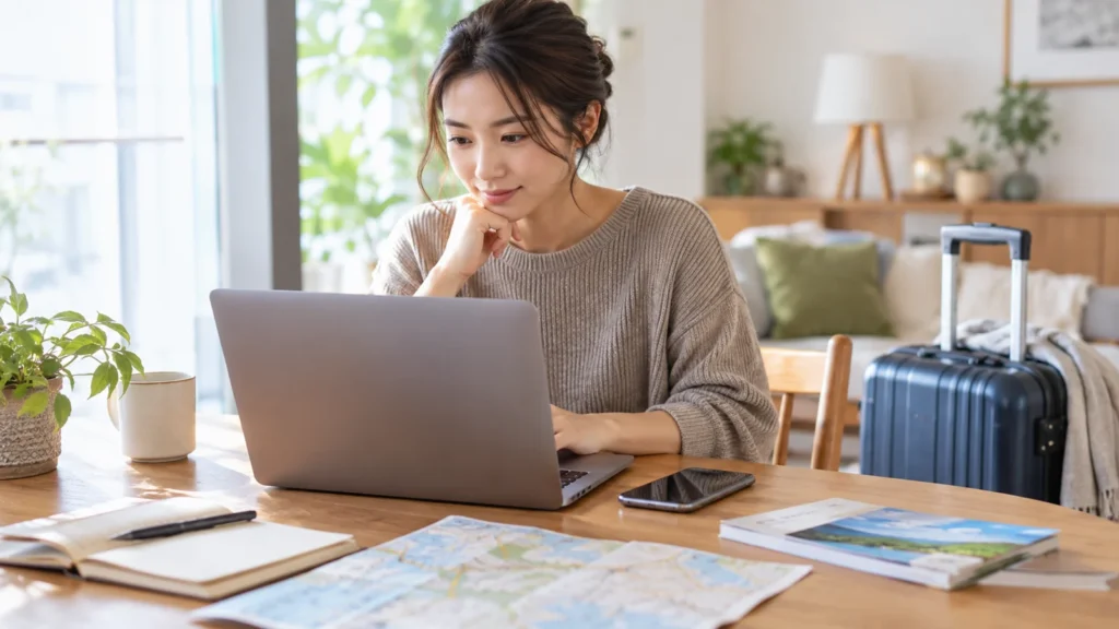 自宅で公式案内を確認しながら来店予定を考えるイメージ