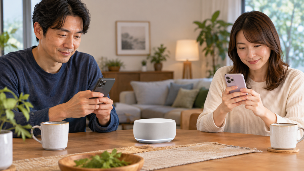 共用テーブルでそれぞれのスマートフォンを持つ家族の概念イメージ