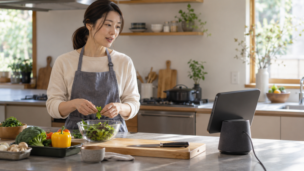 キッチンで料理しながら小型の共用画面を使う場面の概念イメージ