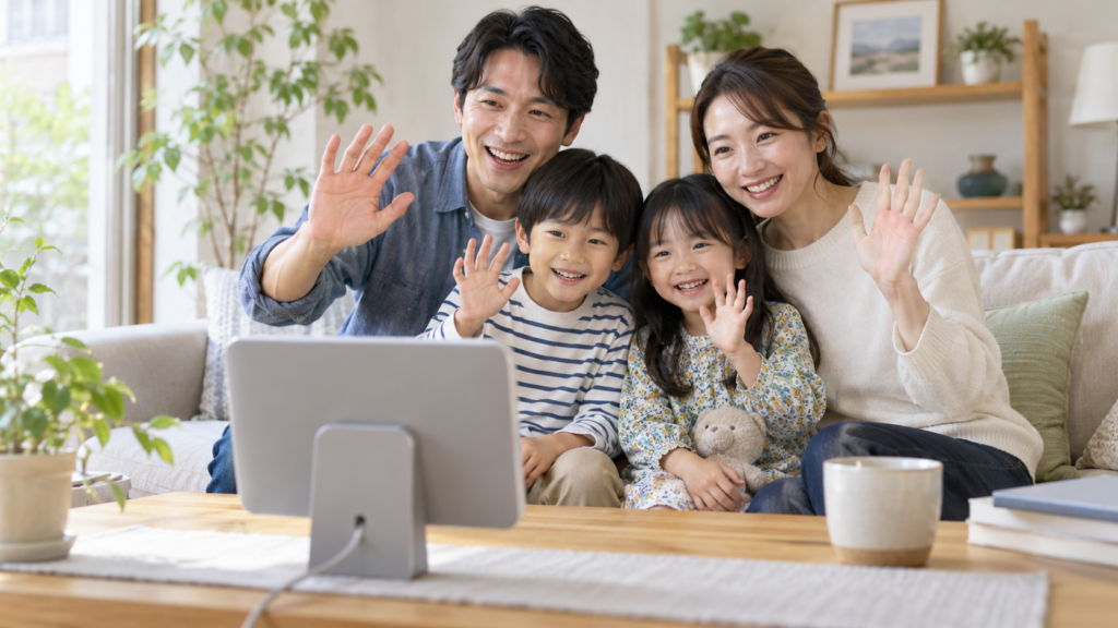 リビングで映像通話の相手に手を振る家族の概念イメージ