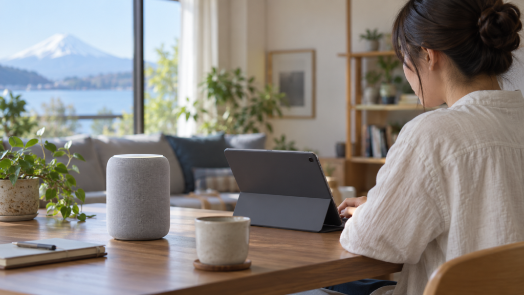 音声用スピーカーと持ち歩けるタブレットを並べた役割比較の概念イメージ