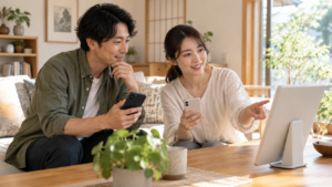 明るいリビングで家庭のデジタル機器について相談する二人の概念イメージ